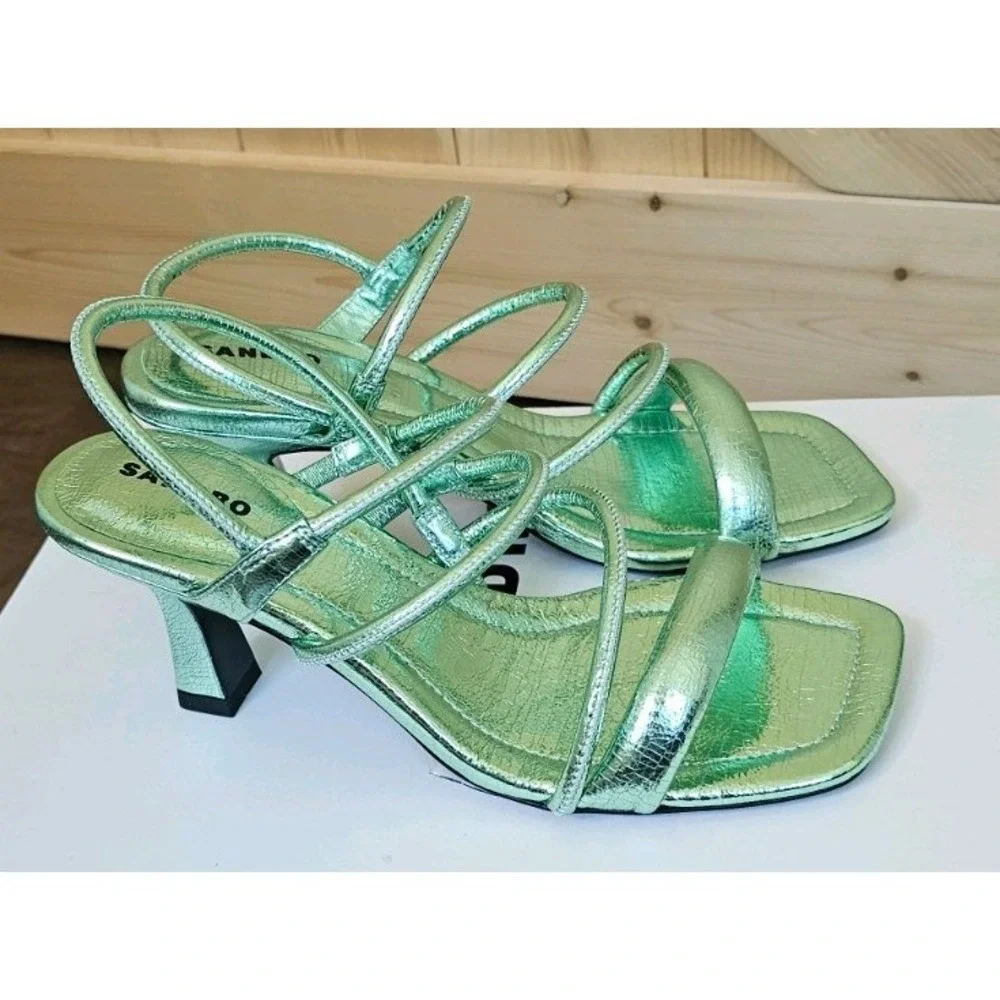 SANDRO Women's Noelis‎ Metallic Pale Green Slingback Heeled Sandals. Size 36